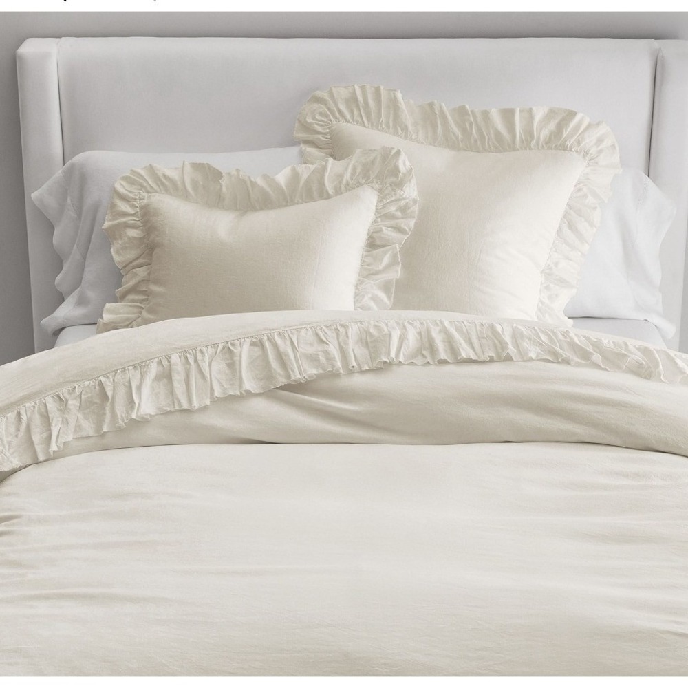 Pottery Barn King Cal King Linen Cotton Ruffle Duvet Cover Ivory White 9816299